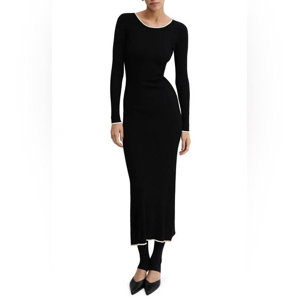 Mango MNG Ribbed Sweater Long Sleeve Maxi Dress Contrast White Trim NWT